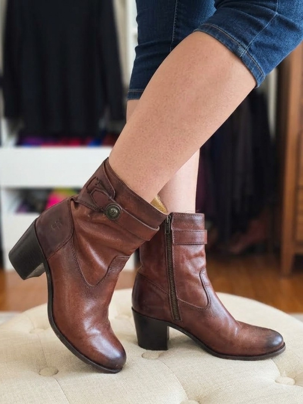 Frye Women Brown Leather Mid-Calf Heel Boots Size 6 B